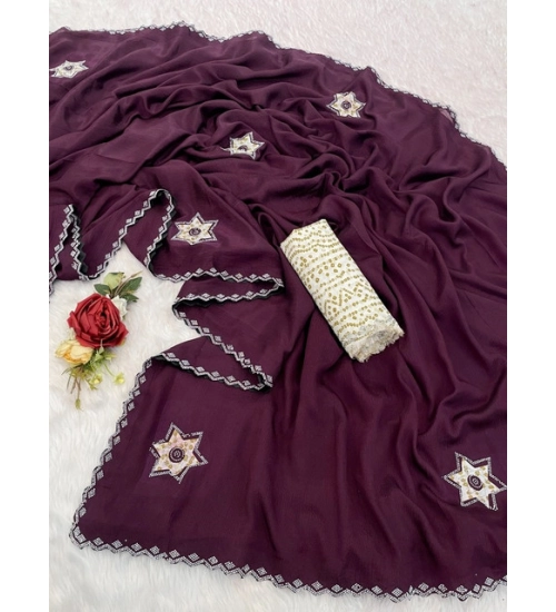 Women's Chiffon Butti Dotted Saree With Unstitched Blouse 5.5Mtr (Wine) Women's Chiffon Butti Dotted Saree With Unstitched Blouse 5.5Mtr (Wine)