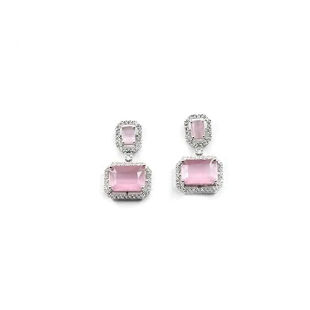 Women's Brass Silver Plated Drop Earrings (Pink)