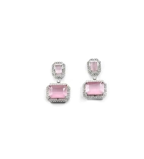 Women's Brass Silver Plated Drop Earrings (Pink)