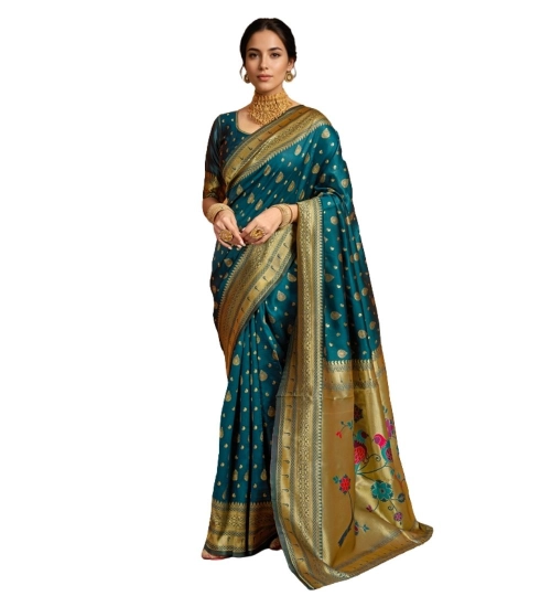 Women's Silk Blend Zari Weaving Saree With Unstitched Blouse 5.5Mtr (Teal)