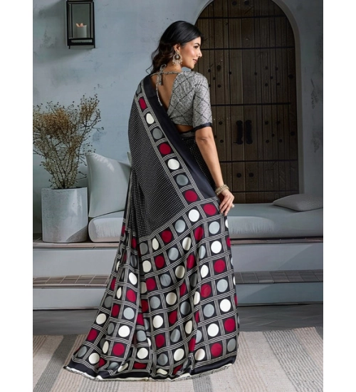 Women's Satin Crepe Printed Saree With Unstitched Blouse 5.5Mtr (Black)