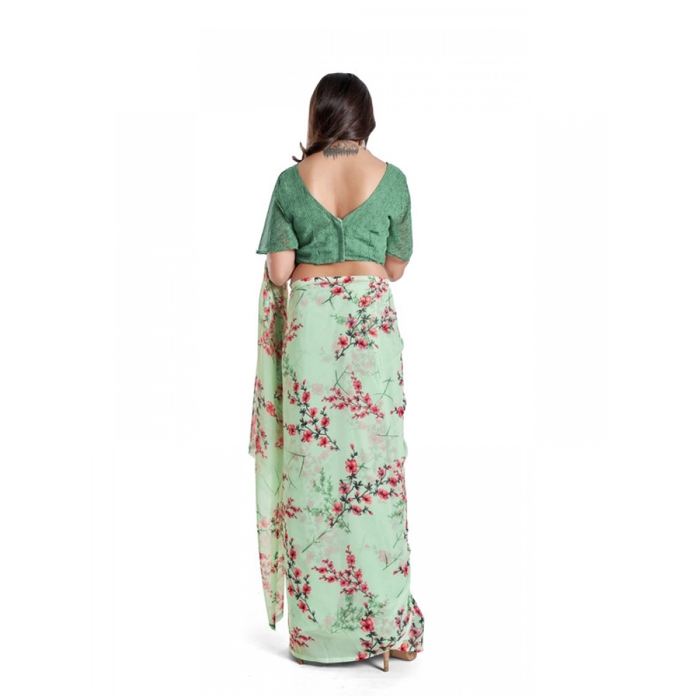 Women's Georgette Printed Saree With Unstitched Blouse 5.5Mtr (Light Green)