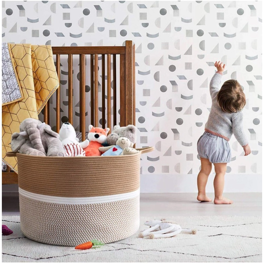 Cotton Dori 16x14 Inch Storage Basket For Clothes (Beige-Beige White)