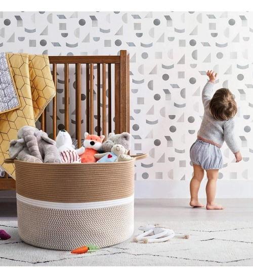 Cotton Dori 16x14 Inch Storage Basket For Clothes (Beige-Beige White)