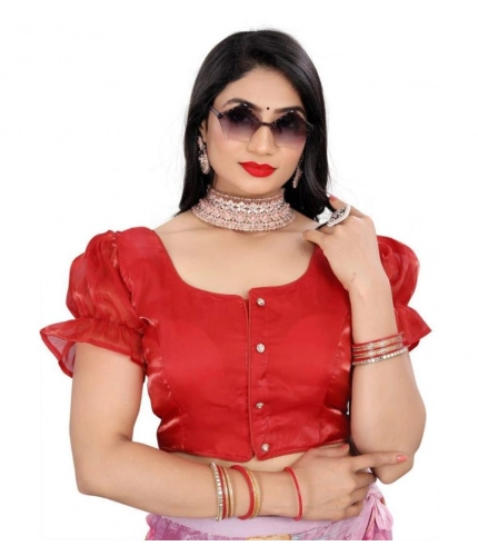 Women's Jimmy Solid Designer Neck Elastic Sleeve Readymade Blouse (Red 38 , Alterable up to 42)-PID65834