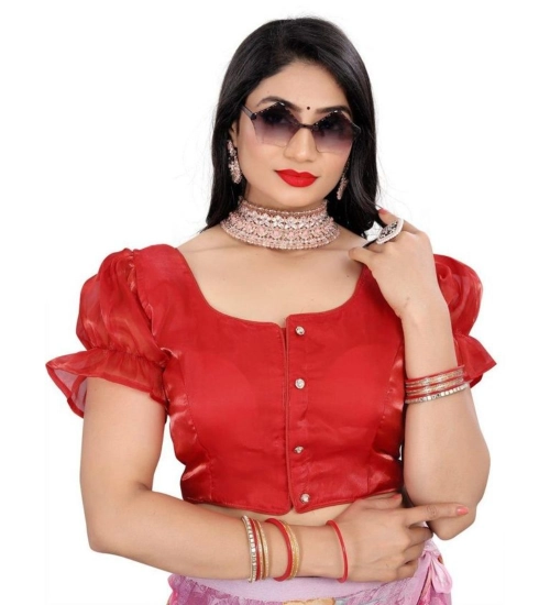 Women's Jimmy Solid Designer Neck Elastic Sleeve Readymade Blouse (Red 38 , Alterable up to 42)-PID65834