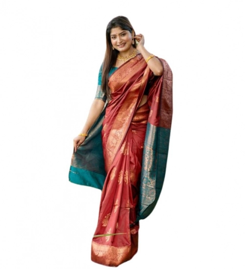 Women's Katan_Silk Zari_Weaving Saree With Unstitched Blouse 5.5Mtr (Maroon)