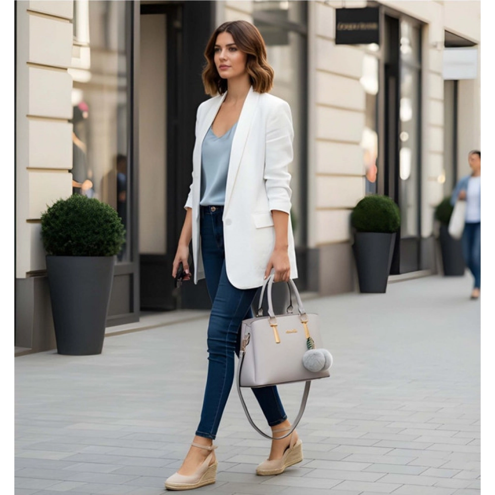 Women's PU Leather Solid Shoulder Zipper Handbag (Grey)