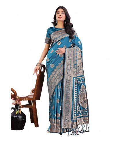 Women's Silk Printed Saree With Unstitched Blouse 5.5Mtr (Teal)