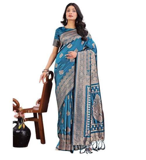 Women's Silk Printed Saree With Unstitched Blouse 5.5Mtr (Teal)