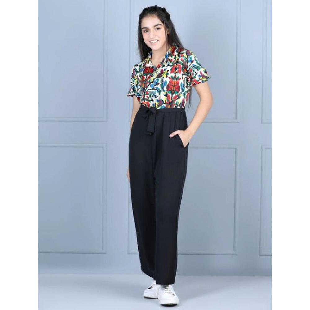 Girl's Polyester Printed Short Sleeves Jumpsuit (Multicolor-Black)
