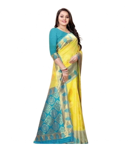 Women's Litchi silk Printed Saree With Unstitched Blouse (Yellow) Women's Litchi silk Printed Saree With Unstitched Blouse (Yellow)