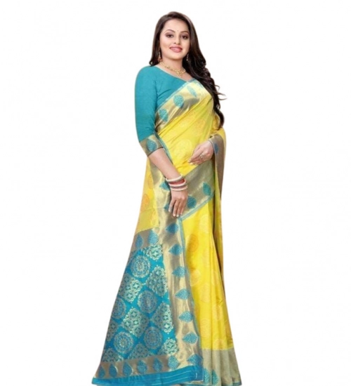 Women's Litchi silk Printed Saree With Unstitched Blouse (Yellow)