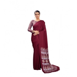 Women's Satin Crepe Printed Saree With Unstitched Blouse 5.5Mtr (Maroon)
