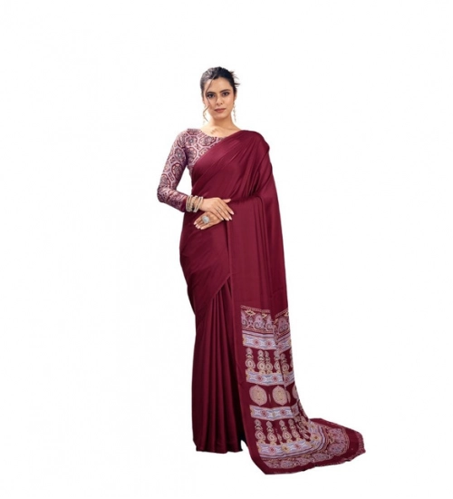 Women's Satin Crepe Printed Saree With Unstitched Blouse 5.5Mtr (Maroon)