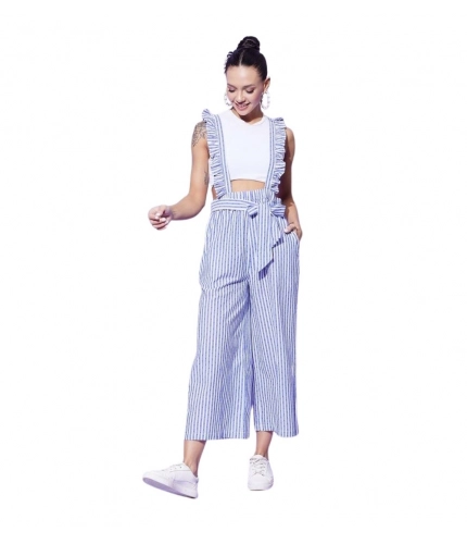 Women's Cotton Pinafore Shoulder Straps Jumpsuit (Light Blue)
