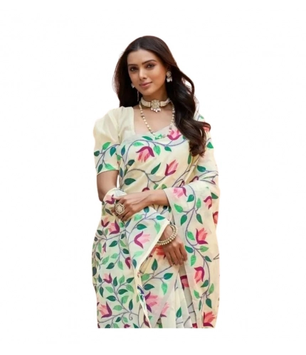 Women's Georgette Printed Saree With Unstitched Blouse 5.5Mtr (Cream)