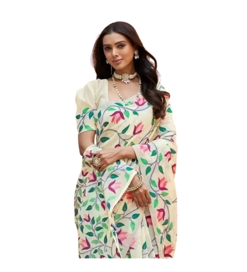 Women's Georgette Printed Saree With Unstitched Blouse 5.5Mtr (Cream)