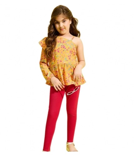 Girl's Polyester Floral One Shoulder Jeggings Set (Yellow-Red)