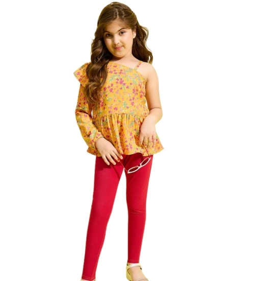 Girl's Polyester Floral One Shoulder Jeggings Set (Yellow-Red)