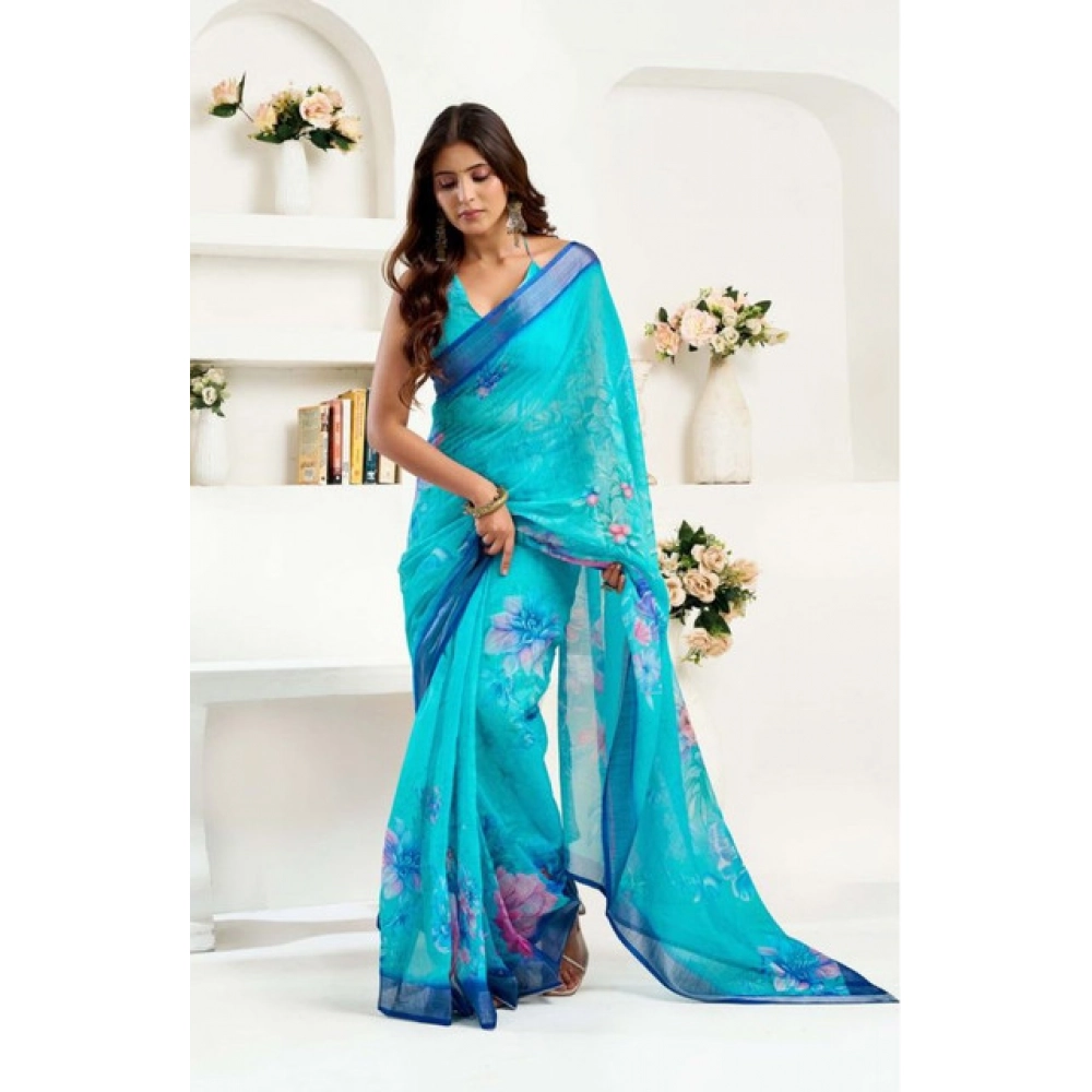 Women's Faux Linen Floral Print Ready to wear Saree With Unstitched Blouse 5.5Mtr (Light_AquaBlue) Women's Faux Linen Floral Print Ready to wear Saree With Unstitched Blouse 5.5Mtr (Light_AquaBlue)