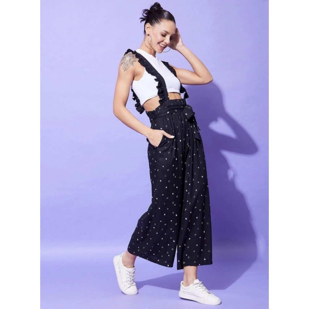 Women's Rayon Pinafore Shoulder Straps Jumpsuit (Black)