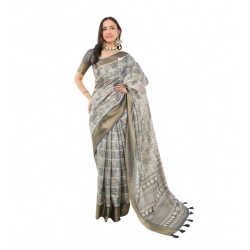 Women's Polyester Printed Saree With Unstitched Blouse 5.5 Mtr (Grey)