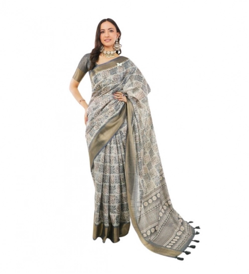 Women's Polyester Printed Saree With Unstitched Blouse 5.5 Mtr (Grey)