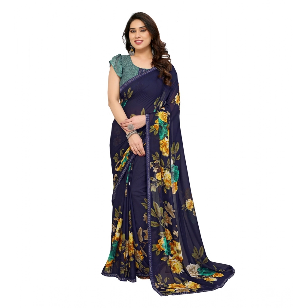 Women's Georgette Printed Saree With Unstitched Blouse 5.5Mtr (Navy Blue) Women's Georgette Printed Saree With Unstitched Blouse 5.5Mtr (Navy Blue)