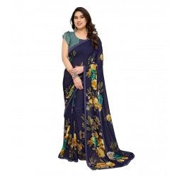 Women's Georgette Printed Saree With Unstitched Blouse 5.5Mtr (Navy Blue)