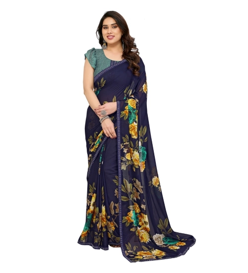 Women's Georgette Printed Saree With Unstitched Blouse 5.5Mtr (Navy Blue)