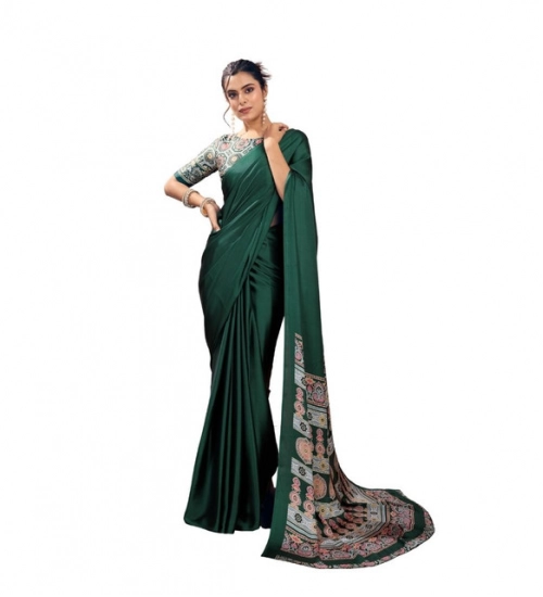 Women's Satin Crepe Printed Saree With Unstitched Blouse 5.5Mtr (Bottle Green)