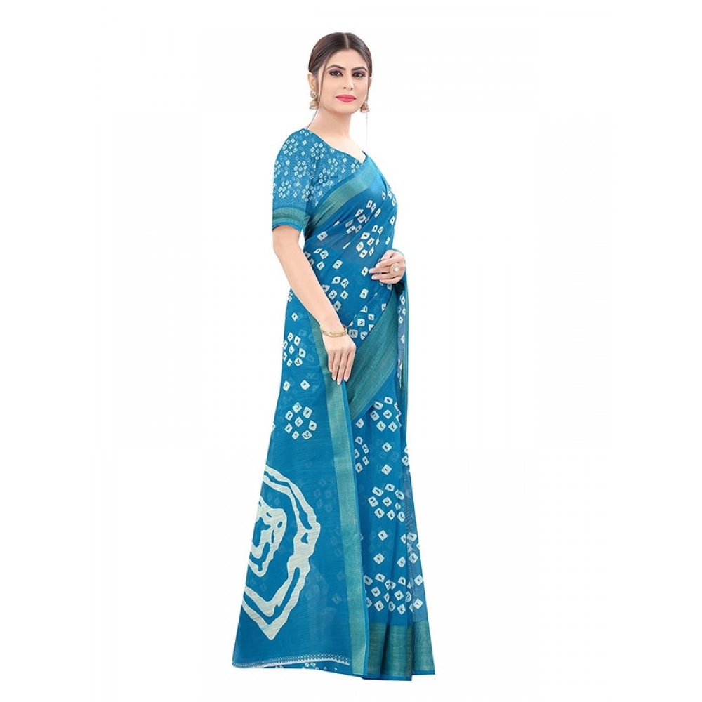Women's Cotton Silk Bandhni Saree With Unstitched Blouse 5.5Mtr (Sky Blue)