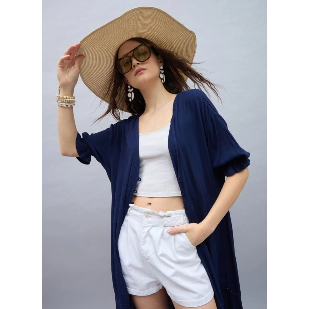 Women's Rayon Crepe Lace Inserts 3-4th Sleeve Shrug (Navy)
