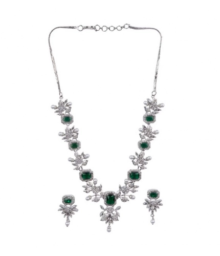 Women's Brass Silver Plated Necklace set (Green)