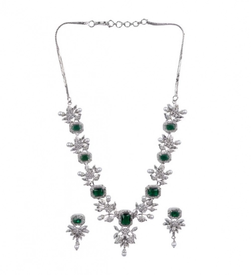 Women's Brass Silver Plated Necklace set (Green)