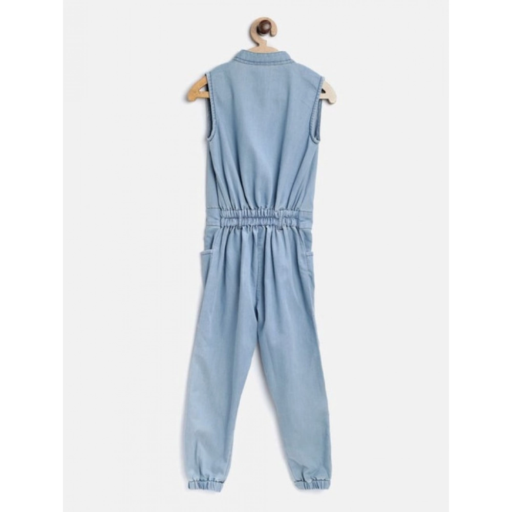 Girl's Denim Embellished Sleeveless Jumpsuit (Blue) Girl's Denim Embellished Sleeveless Jumpsuit (Blue)