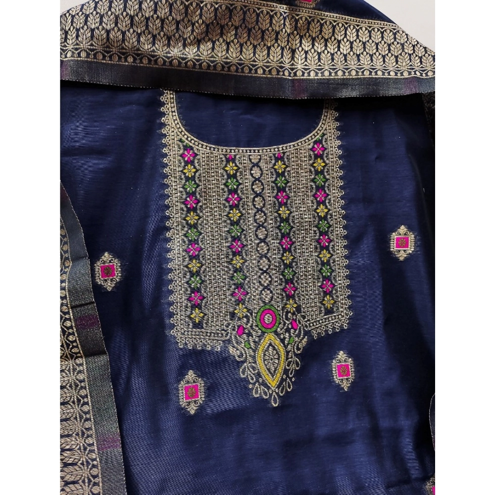 Women's Banarasi Silk Printed Unstitched Salwar Suit Material With Dupatta (Navy Blue, 3Mtrs)