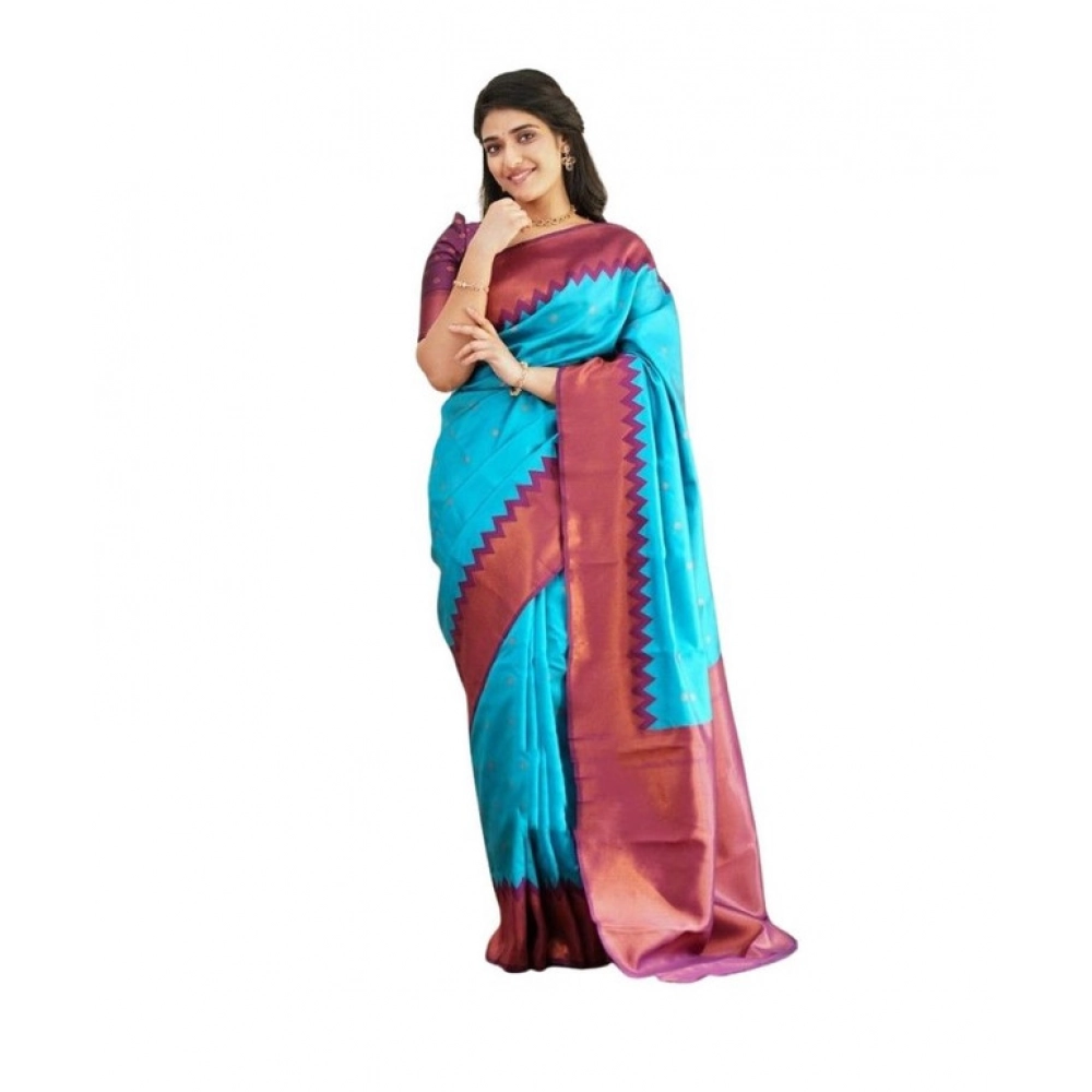 Women's Soft Lichi Silk Printed Saree With Unstitched Blouse 5.5Mtr (Sky-Blue)