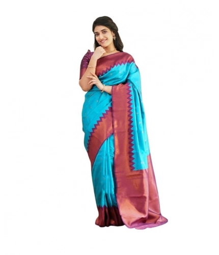 Women's Soft Lichi Silk Printed Saree With Unstitched Blouse 5.5Mtr (Sky-Blue)