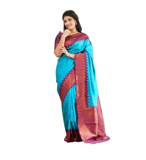Women's Soft Lichi Silk Printed Saree With Unstitched Blouse 5.5Mtr (Sky-Blue)