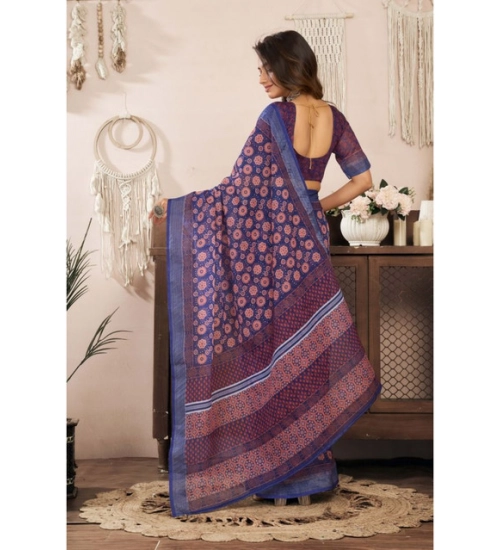 Women's Linen Cotton Printed Ready To Wear Saree With Unstitched Blouse 5.5 Mtr (Dark_Navy_Blue)