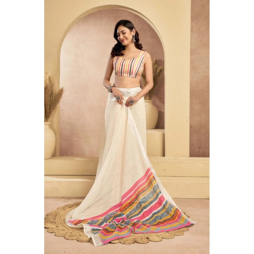 Women's Faux Linen Floral Print Ready to wear Saree With Unstitched Blouse 5.5Mtr (Cream) Women's Faux Linen Floral Print Ready to wear Saree With Unstitched Blouse 5.5Mtr (Cream)