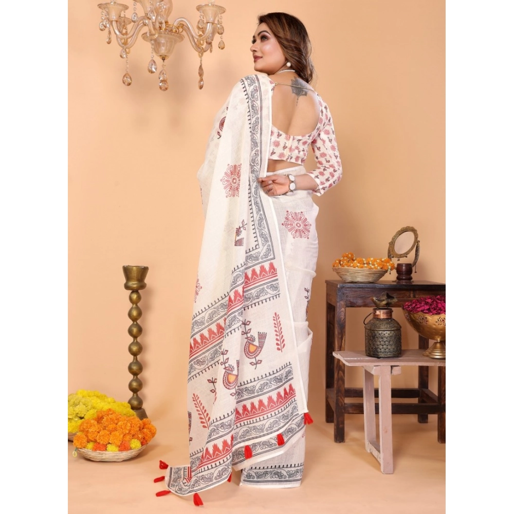 Women's Linen Cotton Printed Saree With Unstitched Blouse 5.5Mtr (Off White) Women's Linen Cotton Printed Saree With Unstitched Blouse 5.5Mtr (Off White)