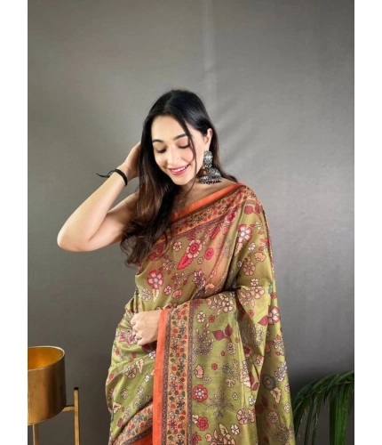 Women's Linen Printed Saree With Unstitched Blouse 5.5Mtr (Sea Green)