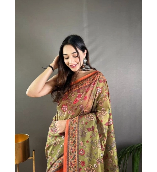 Women's Linen Printed Saree With Unstitched Blouse 5.5Mtr (Sea Green)
