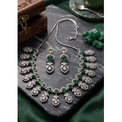 Women's Brass Silver Plated Necklace set (Green)