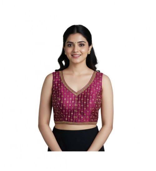 Women's Silk Blend Embroidered V-Neck Non Padded Blouse (Dark Wine 38 Ready (Alterable up to 42)
