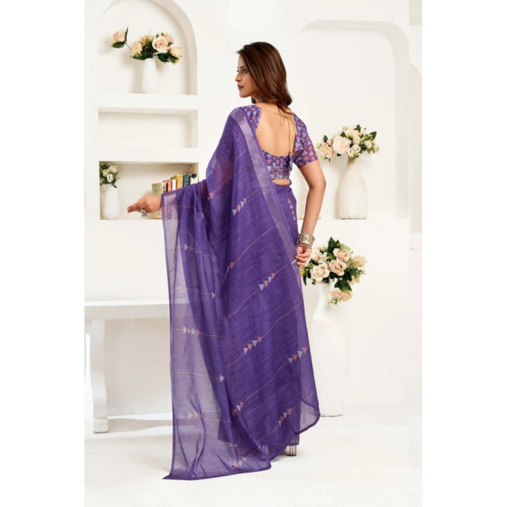 Women's Linen Cotton Printed Ready To Wear Saree With Unstitched Blouse 5.5 Mtr (Purple)