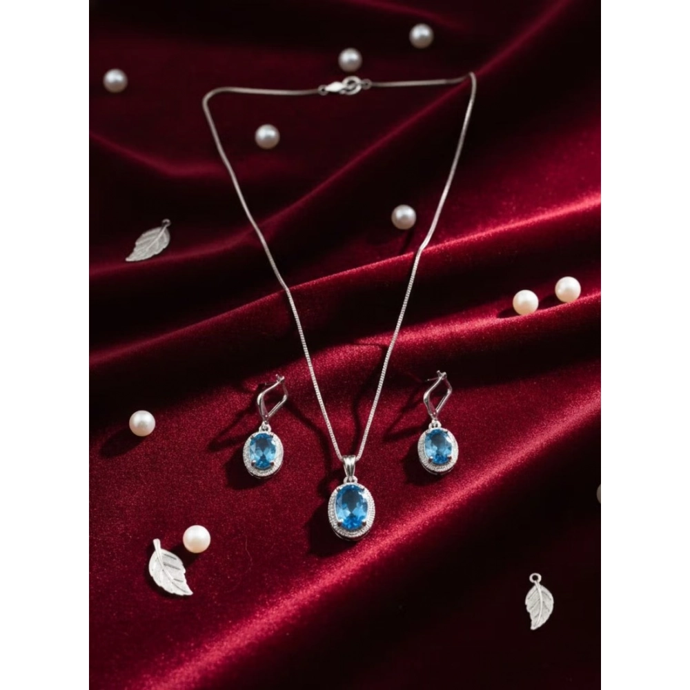 Women's Brass Silver Plated Pendant Set (Blue)